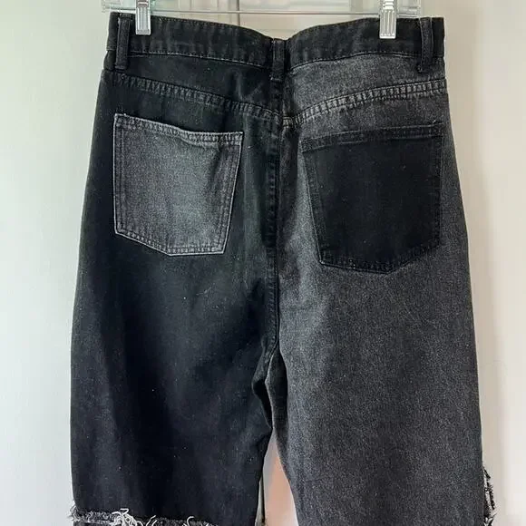 Shein 2 Tone Patch Distressed Black & Dark Denim Ultra High Rise Jeans - Picture 8 of 15